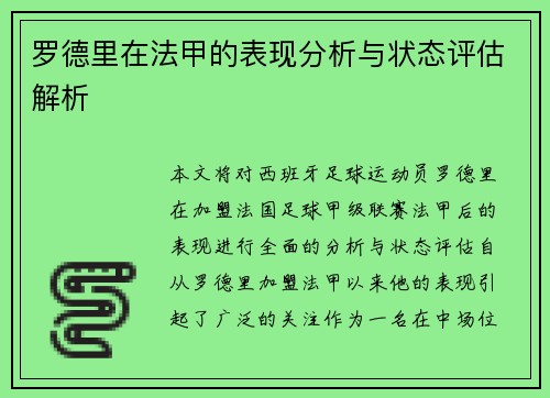 罗德里在法甲的表现分析与状态评估解析