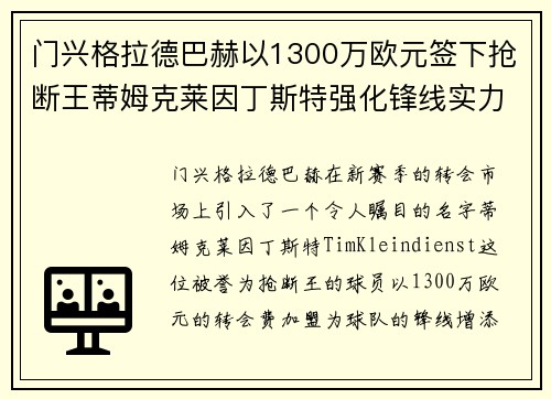 门兴格拉德巴赫以1300万欧元签下抢断王蒂姆克莱因丁斯特强化锋线实力
