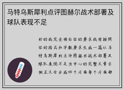 马特乌斯犀利点评图赫尔战术部署及球队表现不足